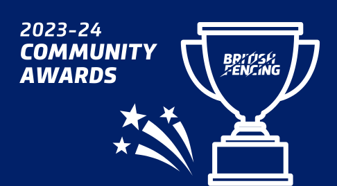 A graphic saying 2023-24 community awards, with a white trophy outline on a blue background and 3 shooting stars