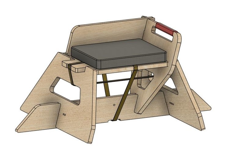 3D image of the Sword Seat strapped with ratchets and with a cushion so it's ready to fence. 