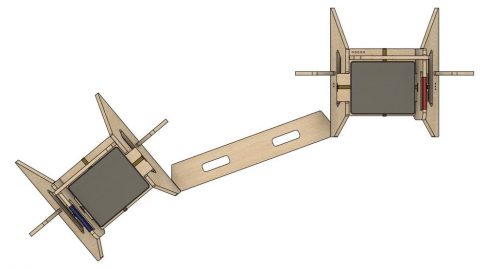 3D over head computer model of the Sword Seat aligned for fencing with one left-handed configuration and one in right-handed configuration.