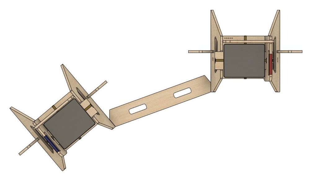 3D over head computer model of the Sword Seat aligned for fencing with one left-handed configuration and one in right-handed configuration.