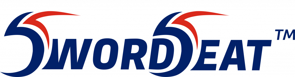 Logo in Blue and red wit the word "SwordSeat TM" the S of both is indicative of a fencer leaning to strike while sitting on a seat